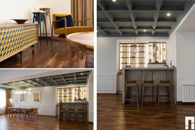 Interior design collage with modern bar, dining area, ceiling design, and wooden flooring.