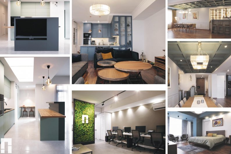 Interior design collage for Gevorg Vardanyan with apartment, office, kitchen, and bedroom.