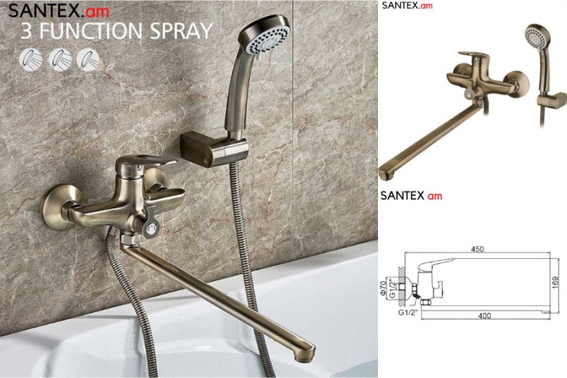 кран из латуни с душем для ванной античная бронза