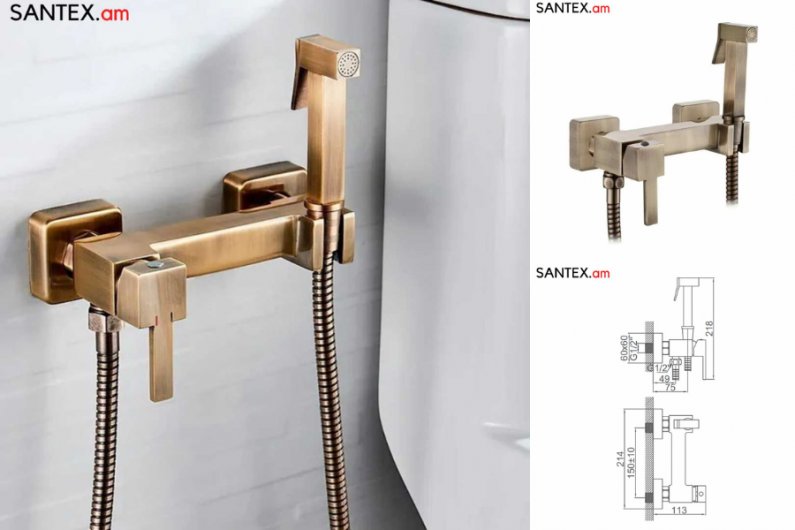 смеситель с гигиеническим душем из латуни античная бронза