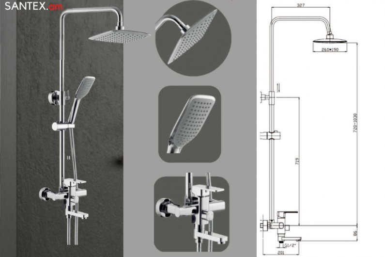 душевая система со смеситлем из латуни