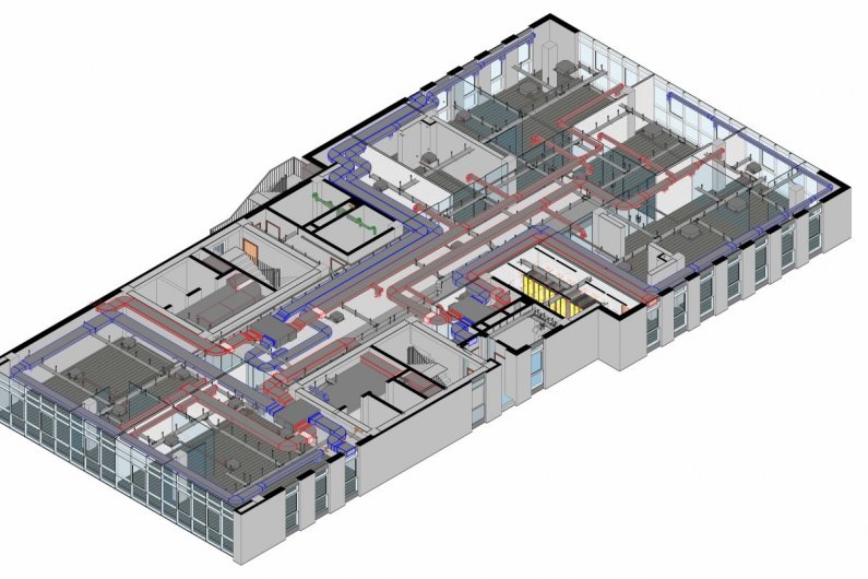 Շենքի BIM 3D մոդել HVAC և օդափոխության համակարգերով