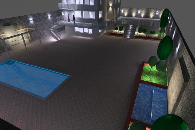 Բակի և լողավազանի արտաքին լուսավորության 3D մոդել