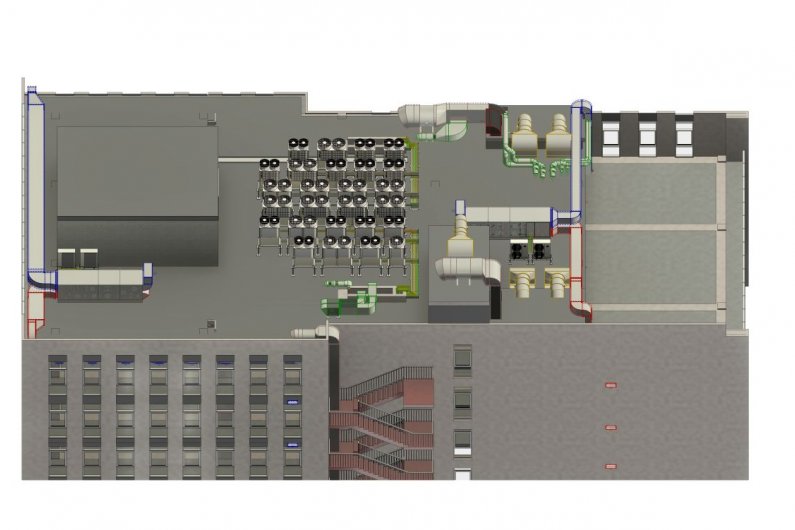 Շենքի տանիքի ինժեներական համակարգերի BIM մոդել վերևից