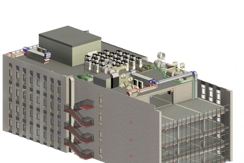 Շենքի 3D BIM մոդել տանիքի HVAC և ինժեներական համակարգերով